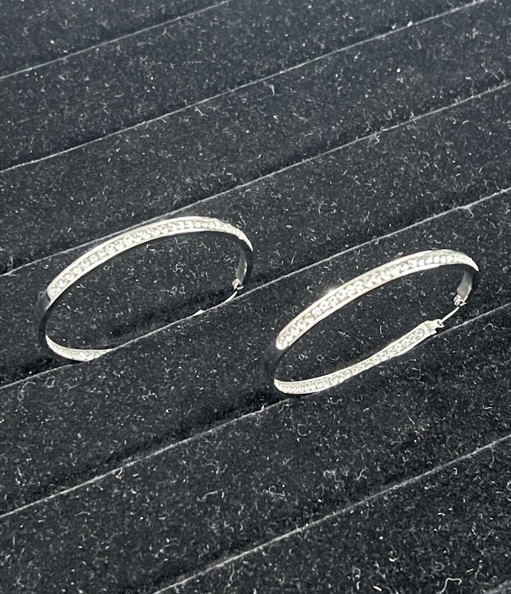 9SQ Stainless Steel Hoop Earrings Crystal Accent Textured 1.5” Silver Tone